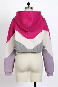 Women's <b>Cropped</b> Color Block <b>Zip</b> <b>Up</b> Hoodie Oversized Long Sleeve Fleece Hooded Sweatshirt Casual Streetwear Jacket - Product Image 3