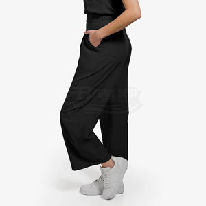 Ensemble de blouses médicales noires pour femmes, col en V, pantalon large, tricoté 100% coton, uniforme d'hôpital pour le personnel médical - Product Image 2
