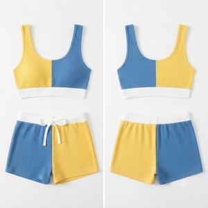 Ensemble de sport côtelé color block pour femme : soutien-gorge à dos nageur et short, col rond, maintien moyen, respirant, pour le fitness - Product Image 4