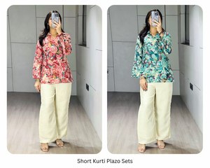 Un élégant plazo avec un kurti court présente un magnifique haut coloré orné de feuilles dorées, il possède des manches longues légèrement froncées. - Product Image 6