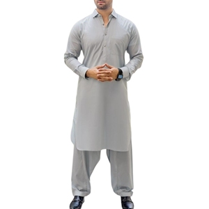 Ensemble Kurta Pyjama en Coton Gris Clair pour Homme, Coupe Classique, Longueur Cheville, Style Traditionnel Décontracté Inde Pakistan - Product Image 3