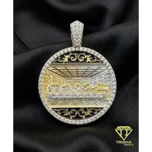 Vintage Style Round Scene <b>Pendant</b> With White Moissanite Diamonds 925 <b>Sterling</b> <b>Silver</b> Luxury Hip Hop Jewelry - Product Image 2