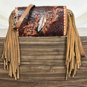 Best Selling Hand Tooled Leather Skull & Floral Design Rfid Clutch Bag Premium Cow Leather Crossbody Fringe Minibag For Women - Product Image 5