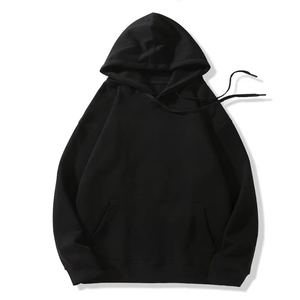 Sudadera con Capucha Negra para Hombre, Corte Holgado, 100% Algodón Tejido, Color Sólido, Diseño con Bolsillo, Ropa Casual de Otoño - Product Image 1