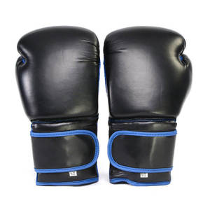 Gants de boxe en cuir noir, à doigts entiers, antidérapants, respirants, avec bordure bleue, fermeture à lacets, pour entraînement adulte - Product Image 2