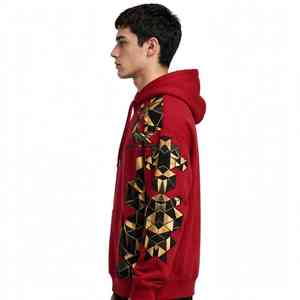 Sweat à capuche unisexe NEXTEX motif géométrique cube, rouge et or, en molleton doux de coton, chaud, imprimé graphique - Product Image 2