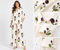 Ensemble de pyjama bohème pour femme, col en V, imprimé floral, en coton de luxe, vêtements de détente, vente en gros, chemisier ample à taille élastique et pantalon palazzo assorti