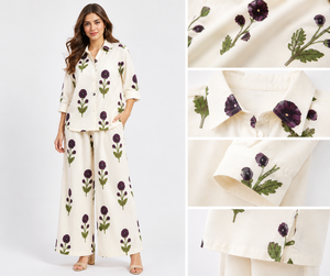 Ensemble de pyjama bohème pour femme à imprimé floral, vêtements de détente de luxe en coton, vente en gros, chemisier ample boutonné et pantalon palazzo assorti - Product Image 4