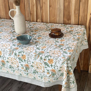 Floral Block Print <b>Tablecloth</b>, Green and Orange Pattern, Striped Border - Product Image 3