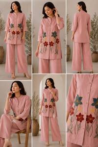 Ensemble haut peplum et pantalon large en coton brodé ethnique pour femme, coupe décontractée, longueur midi, toutes saisons, style Inde Pakistan - Product Image 2