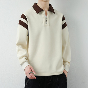 Men's Quarter Zip Sweatshirt Cream <b>Brown</b> Collar Regular Fit Casual <b>Long</b> <b>Sleeve</b> Solid Color French Terry Knitted <b>Top</b> Autumn Wear - Product Image 1