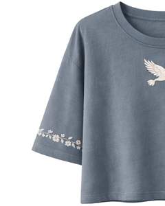 T-shirt court femme bleu acier avec broderie florale colombe, manches courtes, décontracté, en mélange de coton doux, haut d'été pour femme, vente en gros - Product Image 4