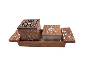 Handcrafted Wooden Bakhoor <b>Burner</b> Hand-Made Sandalwood Incense <b>Burner</b> Geometric Inlay Design Aromatic Holder Religious - Product Image 1
