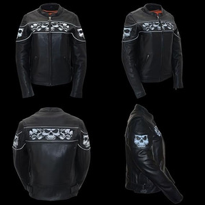 SAMROZ SPORTS Women's Crossover Black Leather Scooter Jacket w/Reflective Skull Graphic - Product Image 3