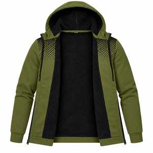 Sweat-shirt à capuche zippé pour homme, 100% polyester, coupe-vent, vert uni, avec panneau contrastant et poche, pour un usage décontracté - Product Image 4