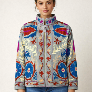 Soft Sage Embroidered Suzani <b>Jacket</b> Cobalt Blue Raspberry Breathable Varsity Style Outerwear <b>Suede</b> Leather Spring Floral Pattern - Product Image 1