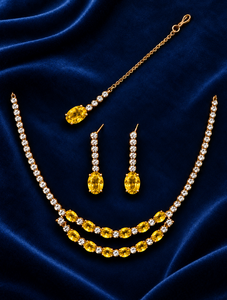 Premium Quality Double Layer <b>Necklace</b> Set With Matching Earrings And Maang Tikka Faceted Stone Fashion Jewelry For Bridal Wear - Product Image 5