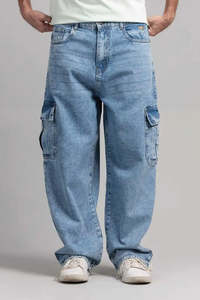 Jean cargo bleu clair pour homme, taille haute, coupe ample, en denim délavé, coton, style décontracté printemps - Product Image 2