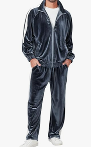 Men's Brown Velour Tracksuit Zip Up Stand Collar Stripe Two Piece Set Casual <b>Velvet</b> Sportswear - Product Image 2