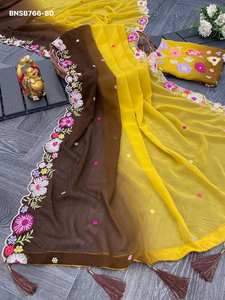 ผ้าซารีผ้าจอร์เจตต์เทียมคุณภาพเยี่ยม ดีไซน์หรูหรา เหมาะสำหรับงานปาร์ตี้ ประดับด้วยเลื่อมหลากสีและงานปัก จากซัพพลายเออร์ในอินเดีย - Product Image 4