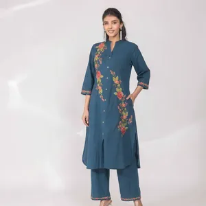 Women's Teal Blue Embroidered Cotton <b>Linen</b> Kurta Pant <b>Set</b> Mandarin Collar Three Quarter Sleeve Straight Fit Ethnic Outfit - Product Image 5