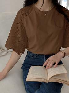 Trendy Brown Raglan Sleeve T-Shirt Elegant Hollow Out Eyelet Women's Shirts Embroidered Lace Panel Crew Neck Custom Logo Blouse - Product Image 4