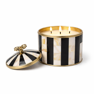 Nouvelle bougie décorative de luxe tendance en métal avec incrustation de nacre, trois mèches, motif rayé bleu aqua et couvercle ananas doré, parfumée et haut de gamme - Product Image 5