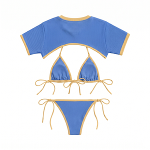 Conjunto de Bikini Premium de Cintura Alta con Escote Pronunciado, Tela Elástica de 240 g/m², Panel Azul Dorado, Estampado Digital, Logotipo Personalizado, 100% Poliéster - Product Image 2