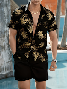 Shi Beach Vacation Set Black & Golden Solid Short Sleeve Shirt & Solid Color Shorts 2pcs Casual Set Summer 100% Cotton Quick Dry - Product Image 2