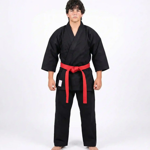 Ensemble complet d'uniformes de karaté en toile noire personnalisés pour jeunes, avec ceinture rouge vif, tenue d'entraînement professionnelle pour arts martiaux - Product Image 1