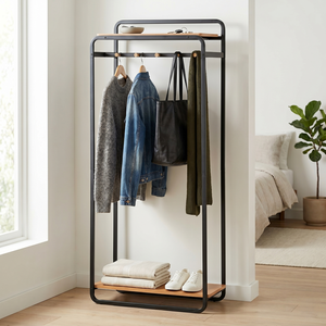 Modern Metal Coat Rack <b>With</b> 2 <b>Shelves</b> And 6 <b>Hooks</b> Freestanding Minimalist Design For Entryway Living Room Furniture - Product Image 2