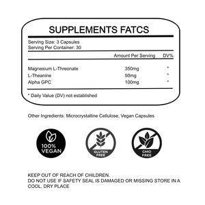 Cápsulas de <span class=keywords><strong>L</strong></span>-Treonato de Magnesio, <span class=keywords><strong>L</strong></span>-Teanina y Alfa GPC de Rainwood OEM, Suplemento Cerebral de Alta Biodisponibilidad de Marca Privada - Product Image 2
