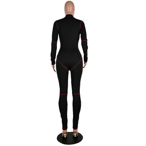 Mono de manga larga con cuello en V para mujer, negro, de cintura alta, ajustado, de spandex y nailon, para discoteca, con ribete rojo y detalle de cremallera - Product Image 6