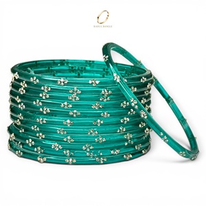 Bracelets en verre kashmiri bleu turquoise de créateur, sertis de perles émeraude et de gouttes de pluie, plaqués argent, pour femmes, pour mariage et occasions festives - Product Image 2