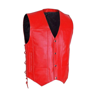 <b>Men's</b> <b>Red</b> PU Leather <b>Vest</b> Moto Biker Style V-Neck Button Closure Solid Color Autumn Outer Wear Regular Fit - Product Image 1