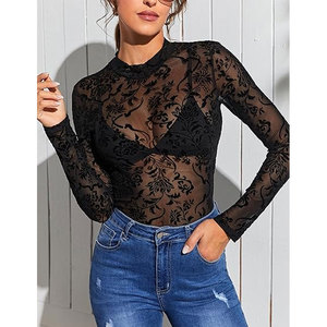 Body de malla transparente sexy de color liso con manga larga, transpirable y ajustado para mujer, ideal para la playa. - Product Image 6