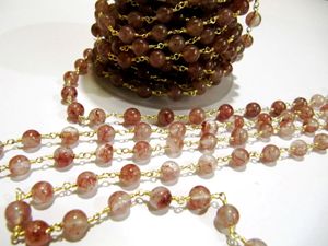Natural Strawberry Quartz Round Plain Smooth 6mm Beaded Rosary <b>Wire</b> Wrapped Chain - Product Image 1