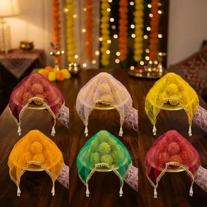 Luxury & Organza Fabric Pooja Thali Cover, Wedding Ritual <b>Plate</b> Cover, Shagun Coconut Cover, Puja Chowki Aasan Decor - Product Image 1