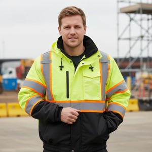 High Visibility Hooded Work <b>Jacket</b> Men's <b>Waterproof</b> Reflective Striped Zip Up <b>Winter</b> Safety Coat - Product Image 4