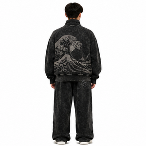Sweat-shirt oversize en molleton/coton délavé à l'acide, couleur noire, col montant premium, épaules tombantes, pull d'hiver style streetwear, le plus vendu - Product Image 2