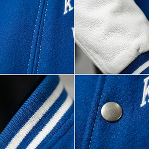 Veste universitaire Kentucky pour homme, bleu et blanc, manches brodées, style bomber, vêtement décontracté d'automne, laine/nylon, bouton unique - Product Image 5
