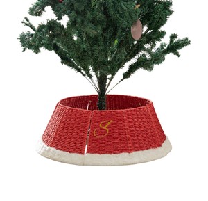 Christmas Red Seagrass Tree Collar White Plush Edge <b>Split</b> Woven Xmas Tree Base Cover Ring Wholesale - Product Image 3