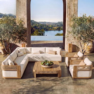 Luxury <b>Teak</b> <b>Wood</b> Outdoor Sofa Set with Cream Cushions Modern Garden Patio <b>Furniture</b> for Villa Resort and Coastal Living - Product Image 2