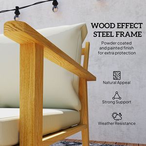 Set da Patio in Metallo Effetto Legno con Cuscini Bianco Crema, Set Bistrot da Esterno in 3 Pezzi con Sedie Larghe e Profonde - Product Image 5