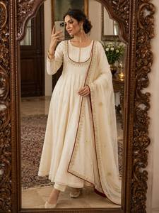 Traje Anarkali de Algodón Romano con Dupatta Bordada, Estilo Tradicional Indio-Pakistaní para Mujer, Corte Regular, Largo hasta la Rodilla, Secado Rápido, para Todas las Estaciones - Product Image 3