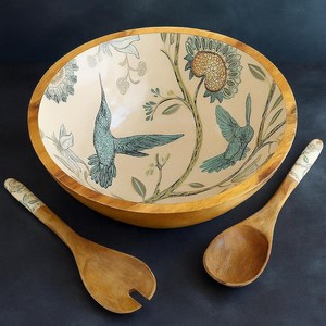 Ensemble de 3 bols et spatules en bois avec motif floral, fabriqués à la main, en bois naturel, adaptés aux aliments, lavables au lave-vaisselle, écologiques - Product Image 4