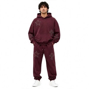 Men 2 Piece Lounge Tracksuit Set Oversized Hoodie Jogger Star Cross Patch Heavy Fleece Soft Custom OEM Wholesale Manufacturer - Product Image 2