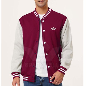 SPARKWELL INDUSTRY Men's Maroon Varsity <b>Jacket</b> White Sleeves Front Logo Embroidery Wool/Polyester <b>Canvas</b> Quick Dry Stand Collar - Product Image 2