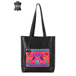 Sac fourre-tout en cuir de vachette véritable pour femme avec appliqué ethnique, sac à bandoulière décontracté pour usage quotidien, vente en gros OEM ODM - Product Image 1