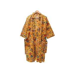 Bata kimono de algodón con estampado floral amarillo mostaza para mujer, de manga larga, para estar en casa, con cinturón y bolsillos frontales - Product Image 1